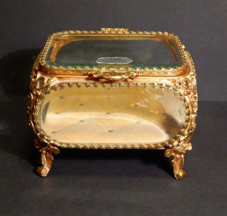 Vintage 24kt Gold Plated Filigree Beveled Glass Jewelry Casket By Globe
