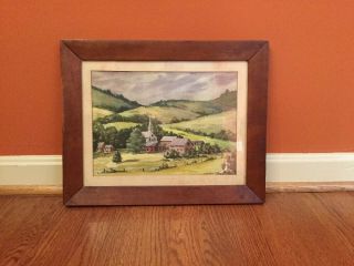 Vintage Watercolor Painting - American Farm Scene W/ Church Antique Frame Signed