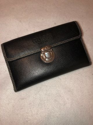 Vintage Gucci Black Leather Tri - Fold Clutch Women’s Wallet Euc