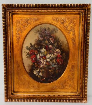 Vintage Framed Floral Oil Painting On Wood Panel 16 " X 18 " Signed Ornate Frame