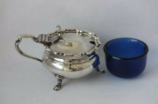 Smart Solid Sterling Silver Mustard Pot 1935/ L 7.  3 Cm/ Blue Glass Liner
