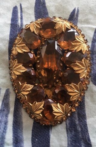Vintage Antique Fur Dress Clip Pin Bohemian Czech Cut Amber Glass Gold Tone