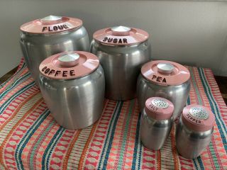 Vintage Kromex Aluminum Canister Set With Salt & Pepper Shakers Pink Tops Rare