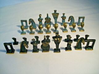 Vintage Solid Brass Stylized Chess Set Blue Green 2 1/2 " Kings From Greece Rare