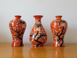 C.  20th - Set Of 3 Vintage Chinese China Porcelain Vases Calligraphy Qianlong