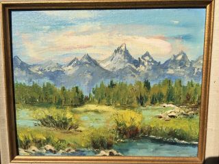 Vintage Oil Painting Grand Teton Mountains Jackson Hole Wyoming