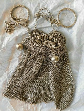 Antique French Solid Silver Chainmail Mesh Chatelaine Purse With Finger Rings