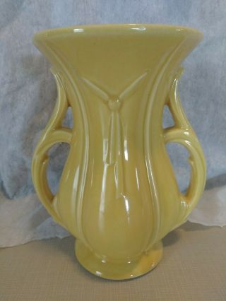 Antique Vintage Mccoy Usa Yellow Art Pottery Double Handle Vase Embossed Tassel