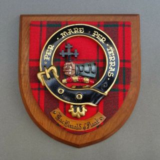Vintage Oak Wall Plaque Scottish Clan Macdonald Of Sleat Tartan Shield Crest
