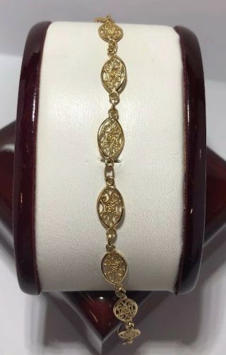 Vintage 14k Yellow Gold Filigree Artisan Bali Fancy Link Antique 585 Bracelet 7”