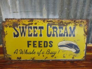 Vintage Sst Tin Metal Sweet Cream Feeds Agriculture Advertising Sign 34x17