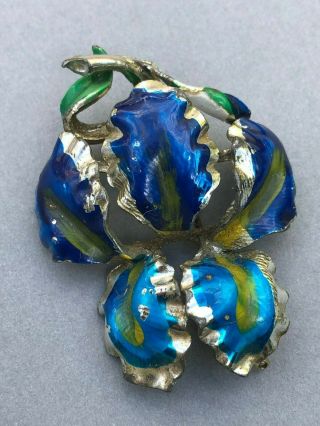 Vintage Exquisite Brooch,  Rare Large Birthday Lily Enamel Pin,  Blue Silver Tone