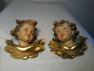 2 Vintage 5 " Anri Signed Putti Hand Carved & Painted Angel Cherub Head Figurines