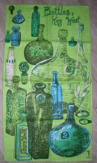 Vintage Nos Kvintage Key West Hand Print " Bottles,  Key West " Tea Towel