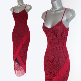 Karen Millen Rare Blood Red Vintage Crochet Fringe Wiggle Bodycon Dress 2 10 Uk