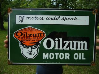 Vintage 1948 Oilzum Motor Oil Porcelain Gas Station Pump Sign White & Bagley Co.