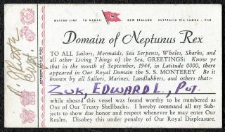 1944 Wwii - Domain Of Neptunus Rex Card - S.  S.  Monterey Issued By The Captain