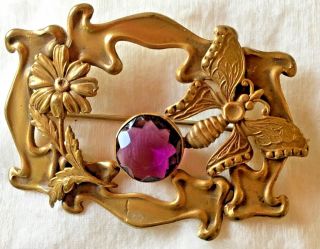 Antique Victorian Sash Pin Brooch Brass Butterfly Amethyst Color Large C.  1850 -