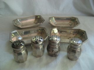 Vtg.  4 Sterling Silver Individual Salt & Pepper Shakers & 4 Gorham Plates/ Bowls