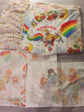 Vintage 1983 Rainbow Brite Twin Bed Set Sheet Fitted Flat Cover Rare Blanket