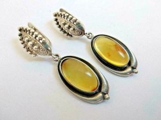 Rare Vintage Soviet Earrings Natural Baltic Amber Silver 925 Star Ussr Antique
