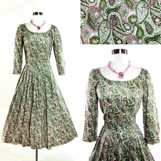 Vintage 50s 60s Dress Pink Green Mod Atsy Floral Paisley Full A Line Swing S M