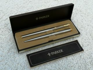 Vintage Parker 180 Stainless Steel And Gold Trim Set -