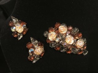 Vintage Rhinestone Brooch Pin Earrings Set Rose Glass Stones Brown Grey Clear