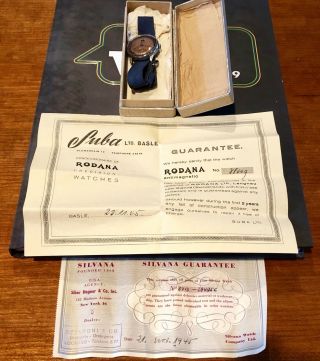 Very Rare Vintage 1945 Rodana Wrist Watch And Owners Papers.
