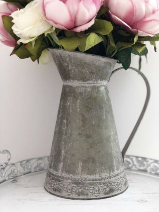Shabby Vintage Chic Grey Floral Metal Rustic Milk Jug Floral Wedding Home Decor