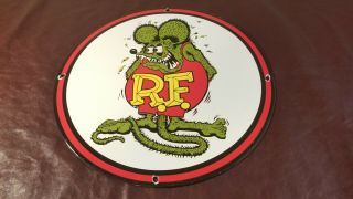 Old Vintage Rat Fink Porcelain Gas Automobile Chop Shop Hot Rat Rod Ed Roth Sign