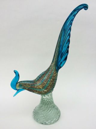 Huge 14 " Vintage Murano Italy Silver Fleck Cobalt Blue Bird Pheasant Art Glass