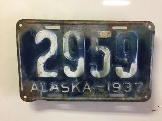 1937 Vintage Very Rare 4 Digit Alaska License Plate 