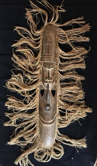Tribal Wall Mask Decor Carved Wood With Hair Indonesia 41 " Long Tall Wooden Vtg