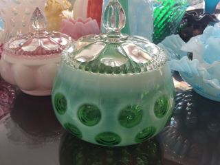Vintage Fenton Rare Lime Green Opalescent Coin Dot Candy Dish With Lid