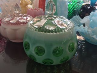 VINTAGE FENTON RARE LIME GREEN OPALESCENT COIN DOT CANDY DISH WITH LID 2