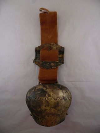 Early Old Primitive Vintage Metal Swiss Cow Bell Leather Hide Strap