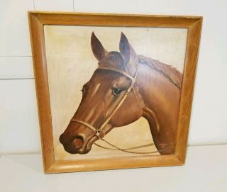 Vintage Mid Century Painting On Wood Horse Equestrian Western 1962