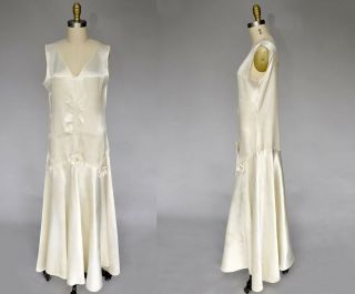 Vtg 20s 1920s Ivory White Silk Satin Sleeveless Wedding Gown Dress Floral M/l