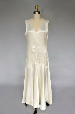 VTG 20s 1920s Ivory White Silk Satin Sleeveless Wedding Gown Dress Floral M/L 2