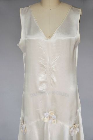 VTG 20s 1920s Ivory White Silk Satin Sleeveless Wedding Gown Dress Floral M/L 3