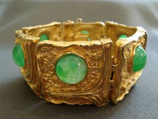 Vintage Panetta Modernist Jade Green Glass And Goldtone Cuff Bracelet