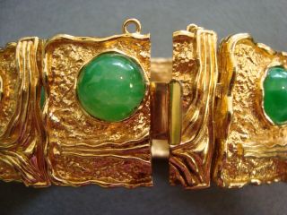 Vintage Panetta Modernist Jade Green Glass and Goldtone Cuff Bracelet 5