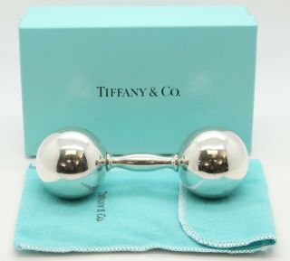 Rare Tiffany Sterling Silver Baby Barbell Rattle 5 - 1/8 " Large W/pouch & Box