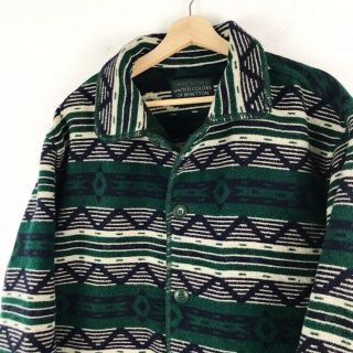90s Vtg United Colors Of Benetton Aztec Wool Button Up Coat Mens Sz XL Green 2