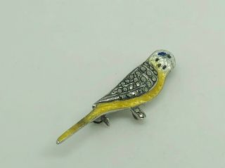 Rare Vintage Art Deco Sterling Silver Yellow Enamel Marcasite Budgie Bird Brooch