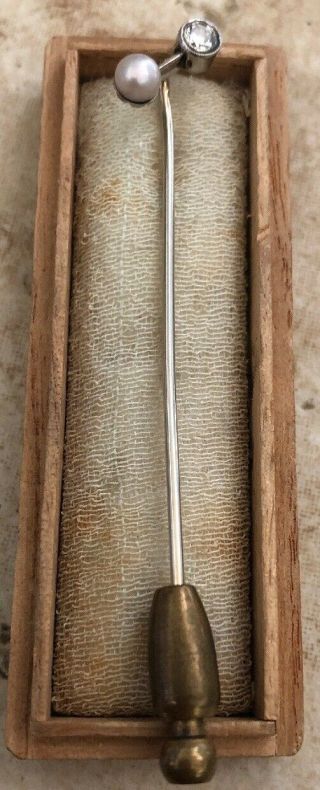 ART DECO 10K WHITE GOLD DIAMOND & PEARL STICK PIN ANTIQUE CRAVAT LAPEL ESTATE NR 4