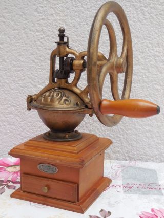 Vintage French Coffee Grinder Mill - Cast Iron & Wood
