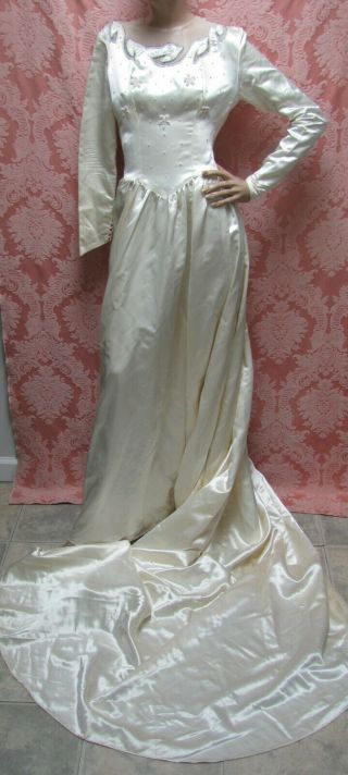 Vtg 1940s Uso Bride Ivory Rayon Satin Wedding Gown Beading/pearls Button - Back Nr