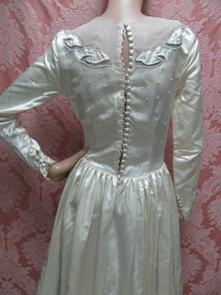 VTG 1940s USO BRIDE Ivory RAYON SATIN WEDDING GOWN Beading/Pearls BUTTON - BACK NR 3